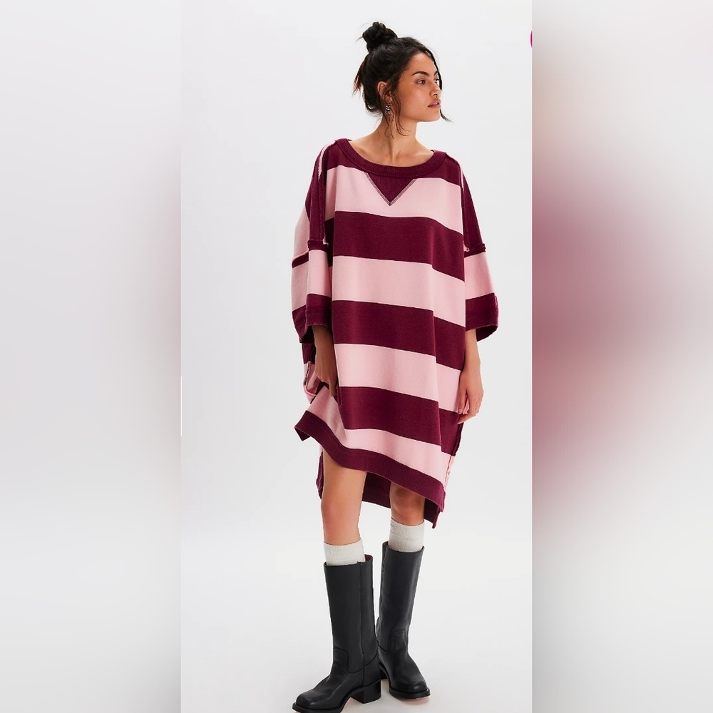 PRIVATE NWT Free People Out Here Striped Maxi Sweatshirt In Pink & Burgun
